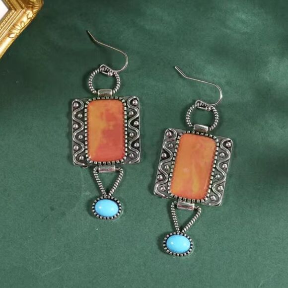 ✨🆕✨Boho Silver Plated Burnt Orange Turquoise Decor Stones  Drop Earrings 🔅✨ - Picture 4 of 12